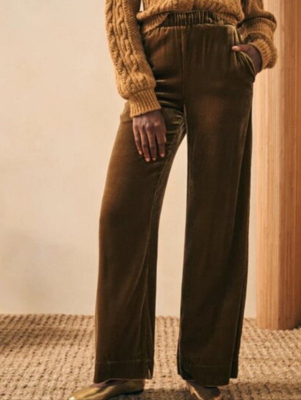 Faherty Stretch Silk Velvet Wide-Leg Pants in Dark Olive, Boho, Luxe